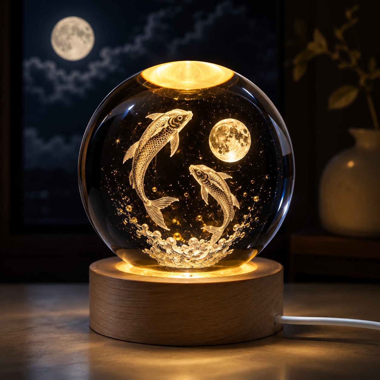 Enchanted 3D Crystal Koi Moon Lamp