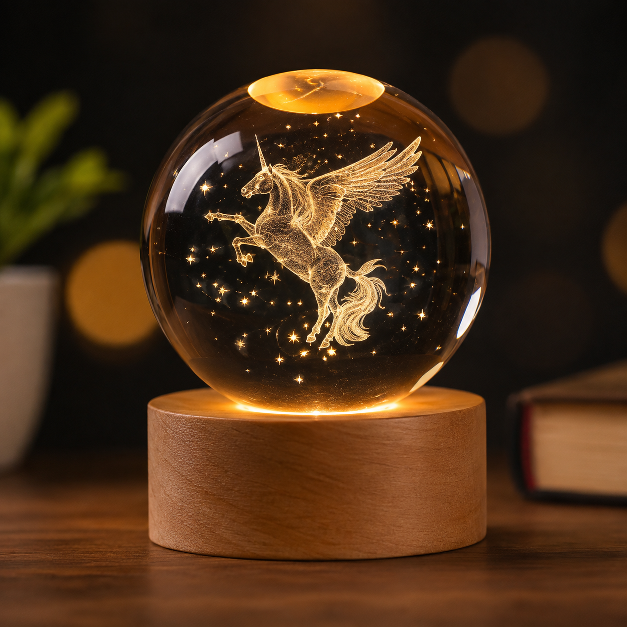 3D Galaxy Crystal Ball Night Light | Dimmable Engraved LED Glass Ball Lamp with USB Powered Wooden Base-Solar System Crystal Ball Light for Home Decor, Office, Birthday Gift & Kids Bedroom (Unicorn)